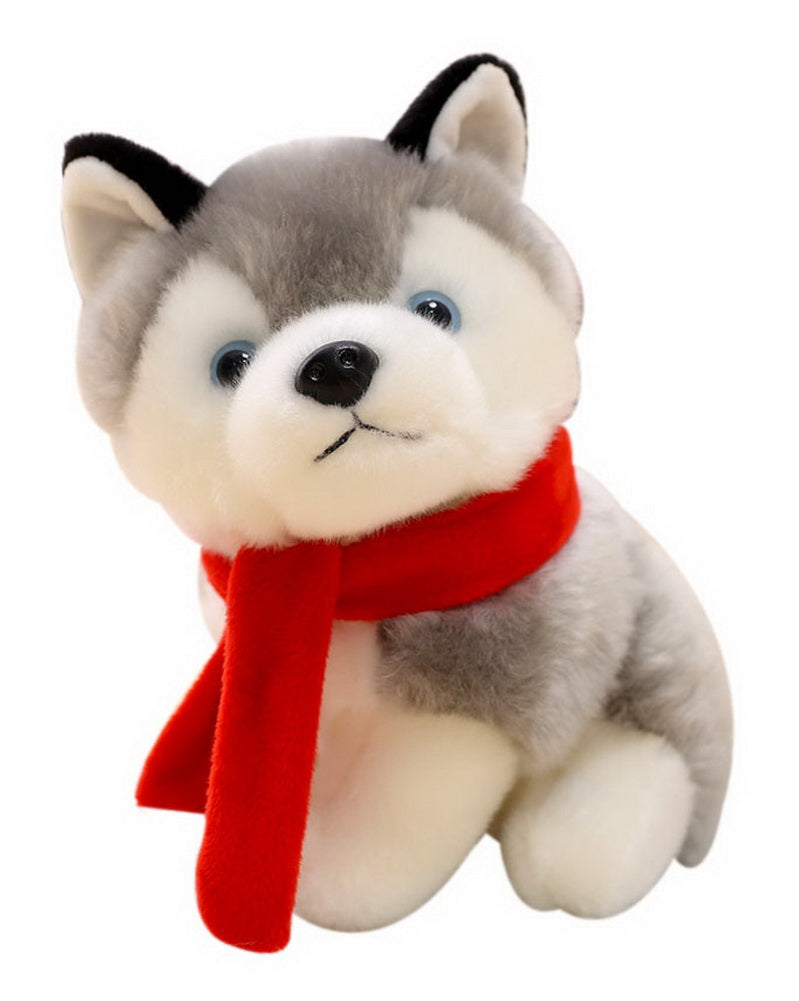 Super Cute Simulation Gray Husky Plush Toy Wearing In Red Scarf Creative Toy Dog