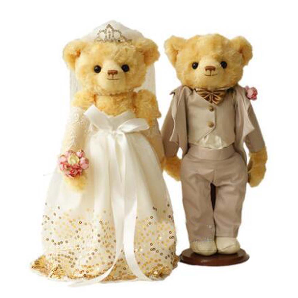 Lovely Brown Bears Cute Teddy Bears Plush Toy Wedding Gift(White Veil/Gray Suit)