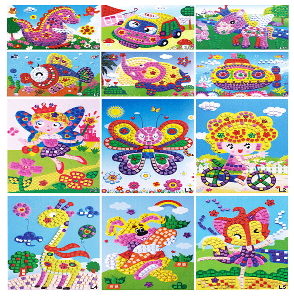 Set of 12 Funny Sticky Mosaics Pictures, Preschool Toy for Kids