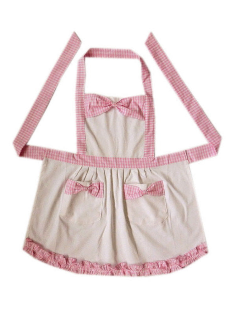 Pink Plaid Kids Apron Bow Knot Girls Apron Japanese Style Apron