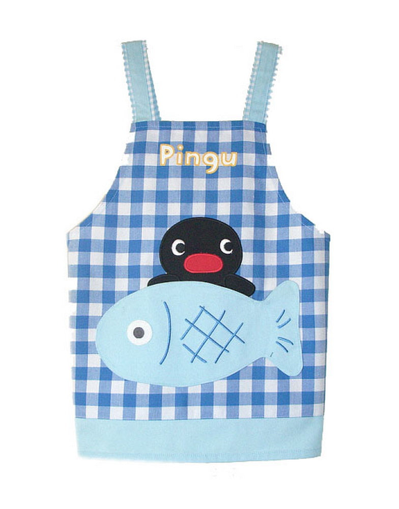 Cute Cartoon Apron for Kids Blue Plaid Apron with Fish Pocket