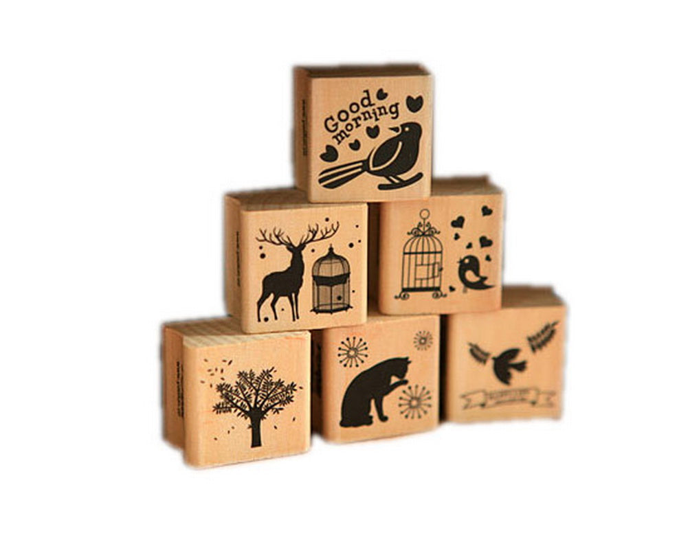 Set of 5 Square Wood Stamps Ink Stamps for Kids