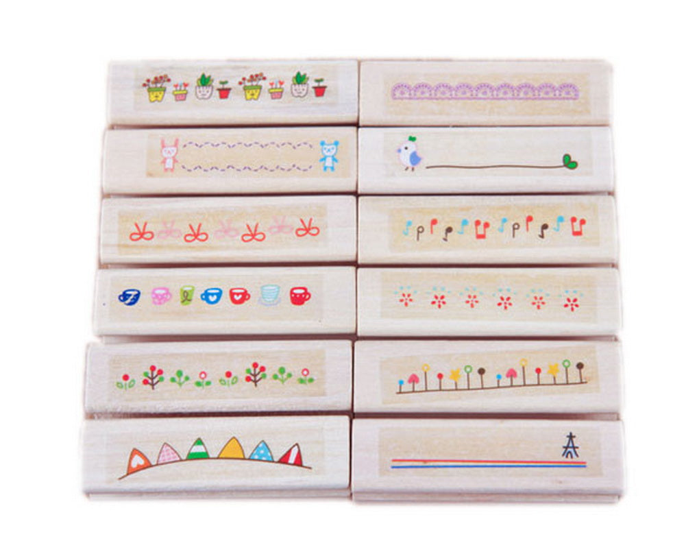 Set of 12 Strip Stamps Colorful Print Fairy Tale Wood Stamps