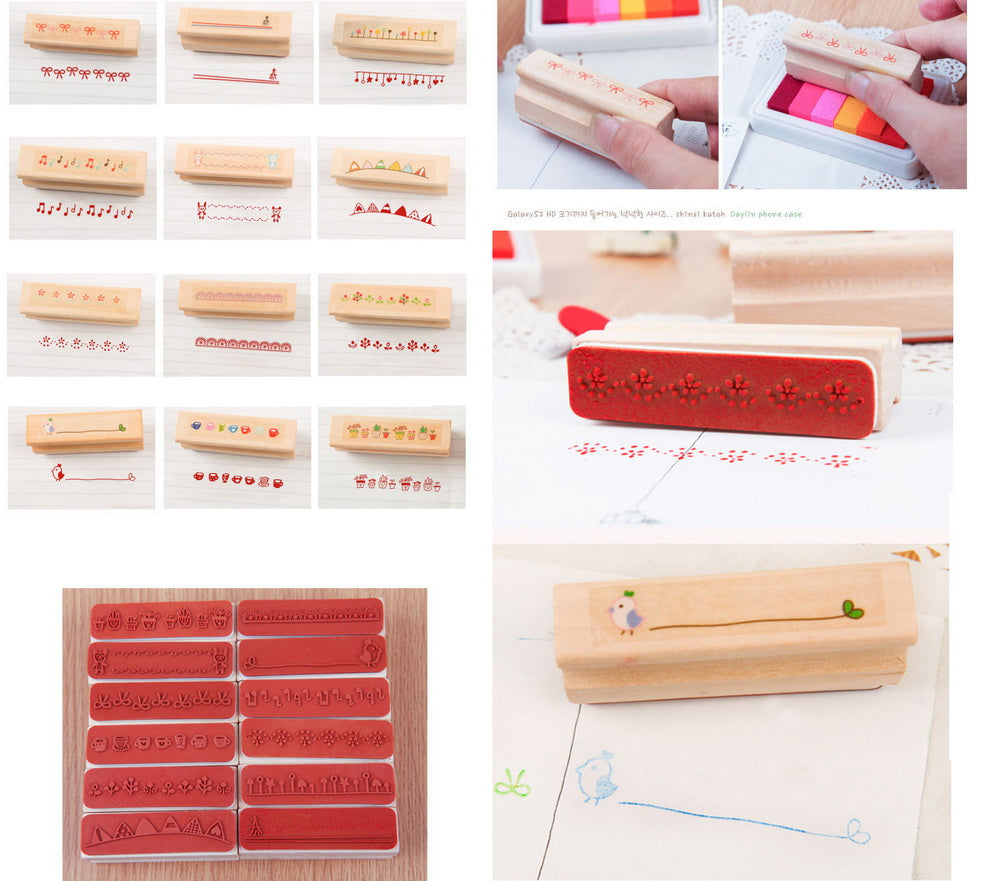 Set of 12 Strip Stamps Colorful Print Fairy Tale Wood Stamps