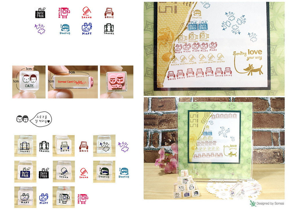 Set of 8 Mini Crystal Stamps Travel Theme Personalized Stamps Rubber Stamps