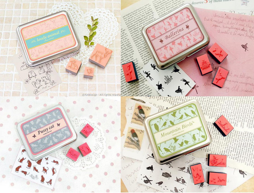 Set of 4 Creative Stamps Lovely Pattern Rubber Stamps, 16 Pcs Each Box